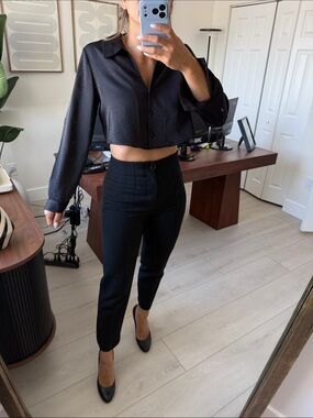Cropped Black Button-Up Top — Black